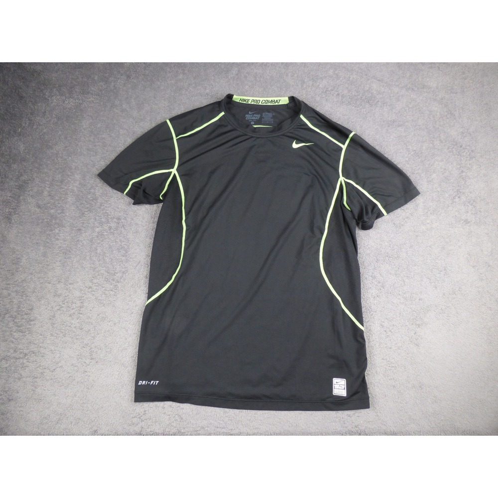 Nike Pro Combat Dri-FIT Mens Large Black Lime Green Fitted Training Shirt 0969